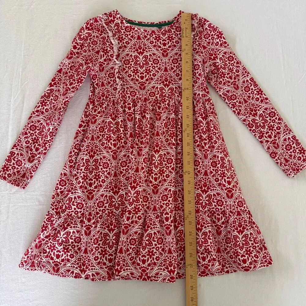 Mini Boden | Scandinavian Folk Floral Dress Red White Ruffle Tiered | Girls 9-10